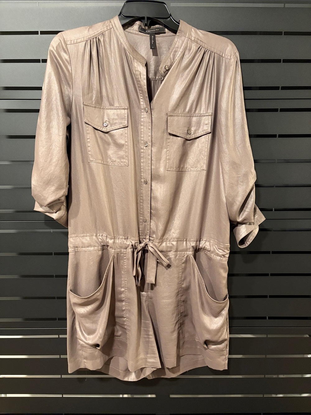 BCBGMaxAzria Taupe Lightweight Shimmer Utility Romper